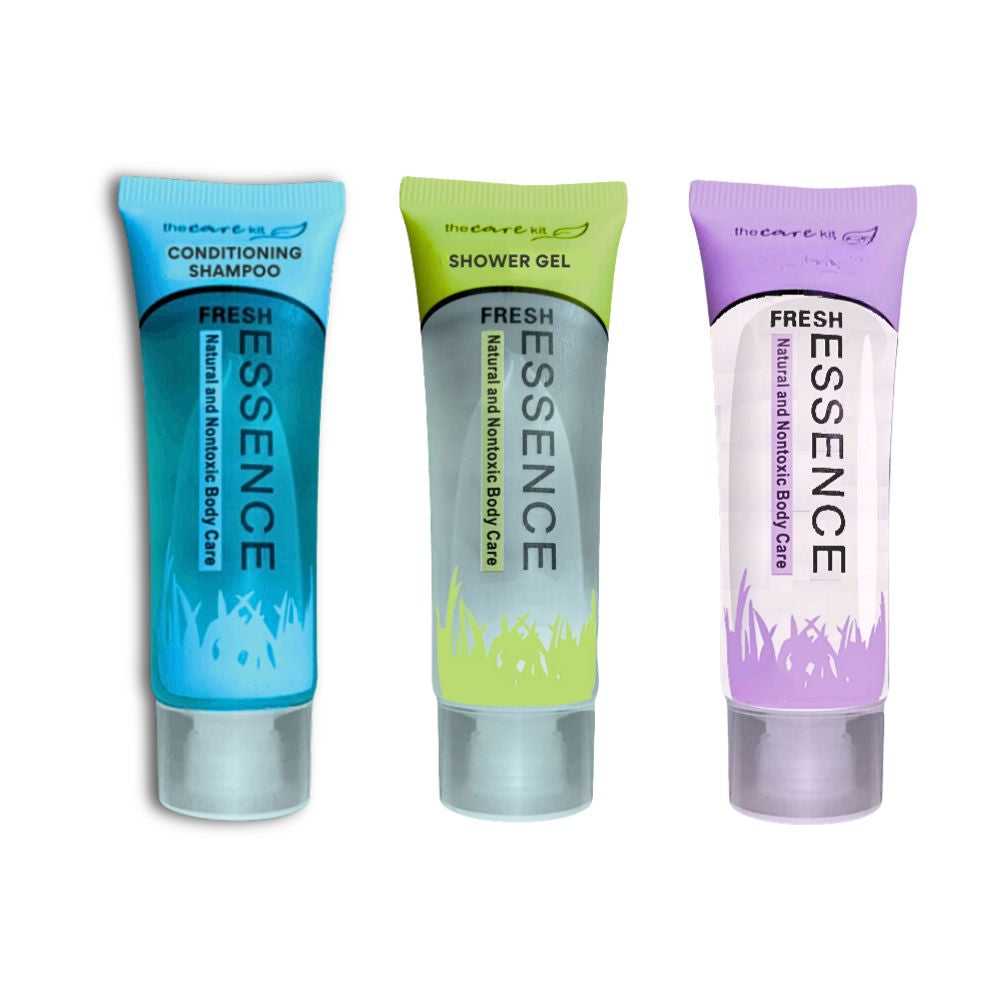 Fresh Essence hotel amenity trio with conditioning shampoo, shower gel and body wash tubes for hotels, motels, resorts and guest rooms.