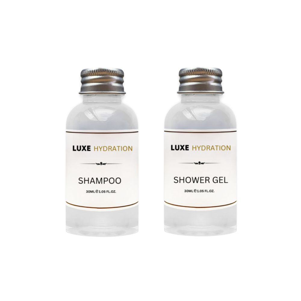 Luxe Hydration 30ml hotel shampoo and shower gel amenity bottles for hotels, motels, resorts, vacation rentals and guest rooms.