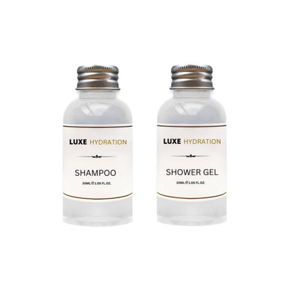 Luxe Hydration 30ml hotel shampoo and shower gel amenity bottles for hotels, motels, resorts, vacation rentals and guest rooms.