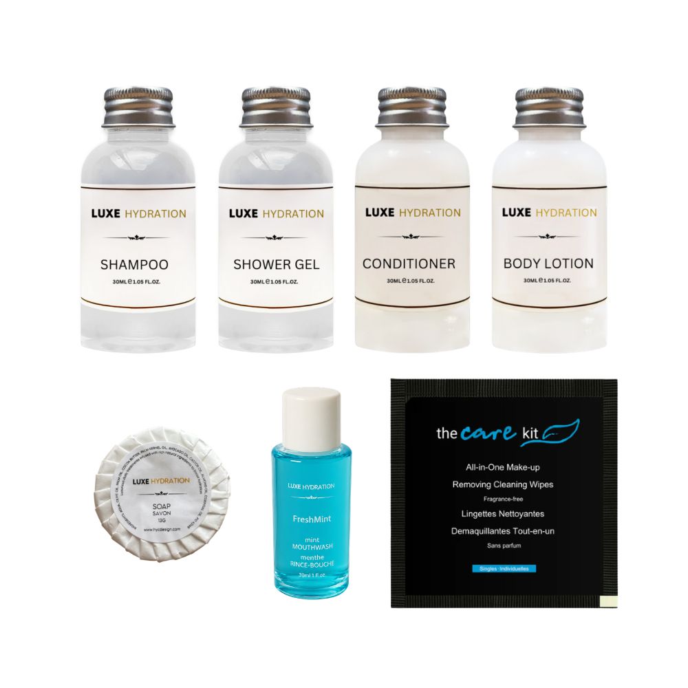 Seven-piece hotel guest amenity kit with Luxe Hydration toiletries, soap, mouthwash and makeup wipe for hospitality properties.