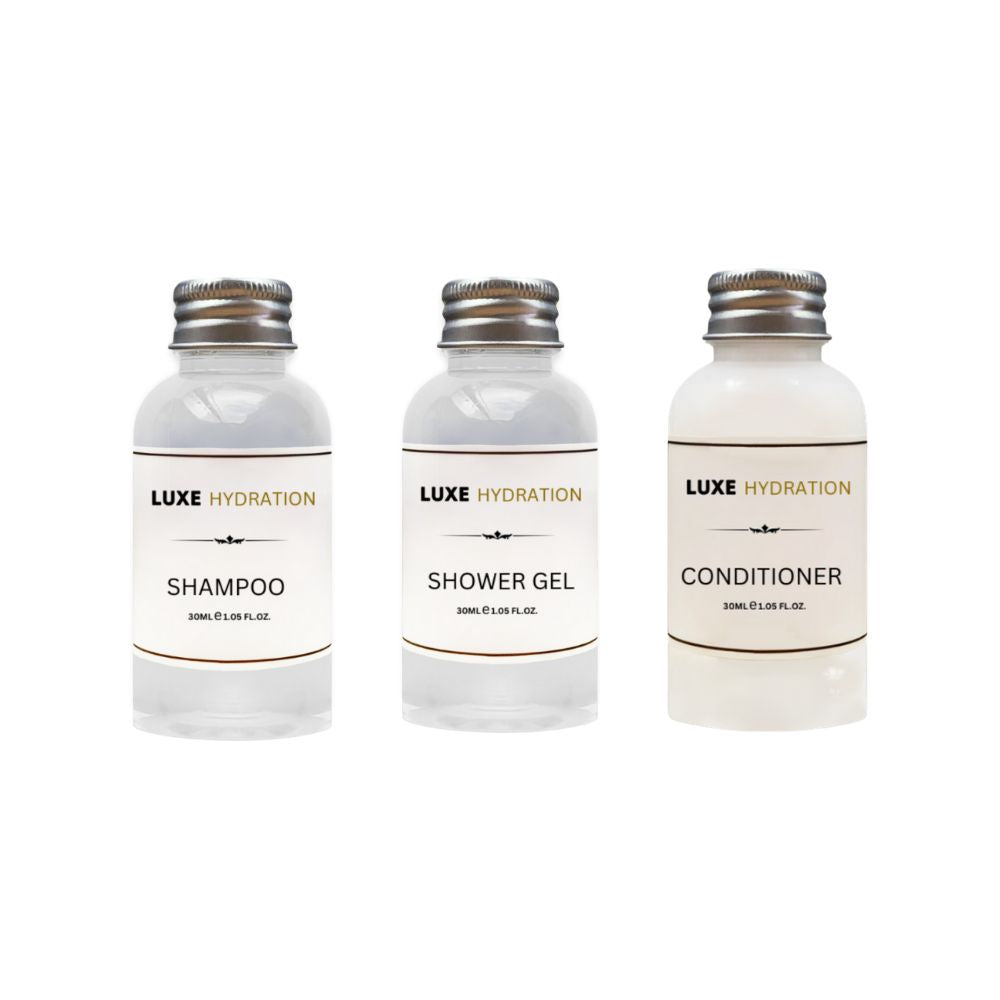 Luxe Hydration 30ml hotel amenity set with shampoo, shower gel and conditioner for hotels, motels, resorts and guest rooms.