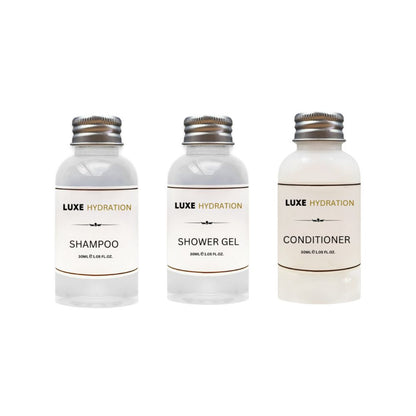 Luxe Hydration 30ml hotel amenity set with shampoo, shower gel and conditioner for hotels, motels, resorts and guest rooms.
