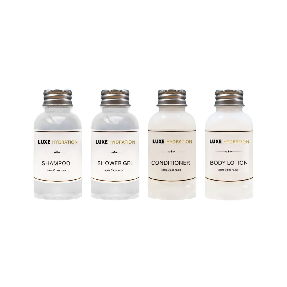 Luxe Hydration 30ml hotel amenity set with shampoo, shower gel, conditioner and body lotion for hotels, resorts and guest rooms.