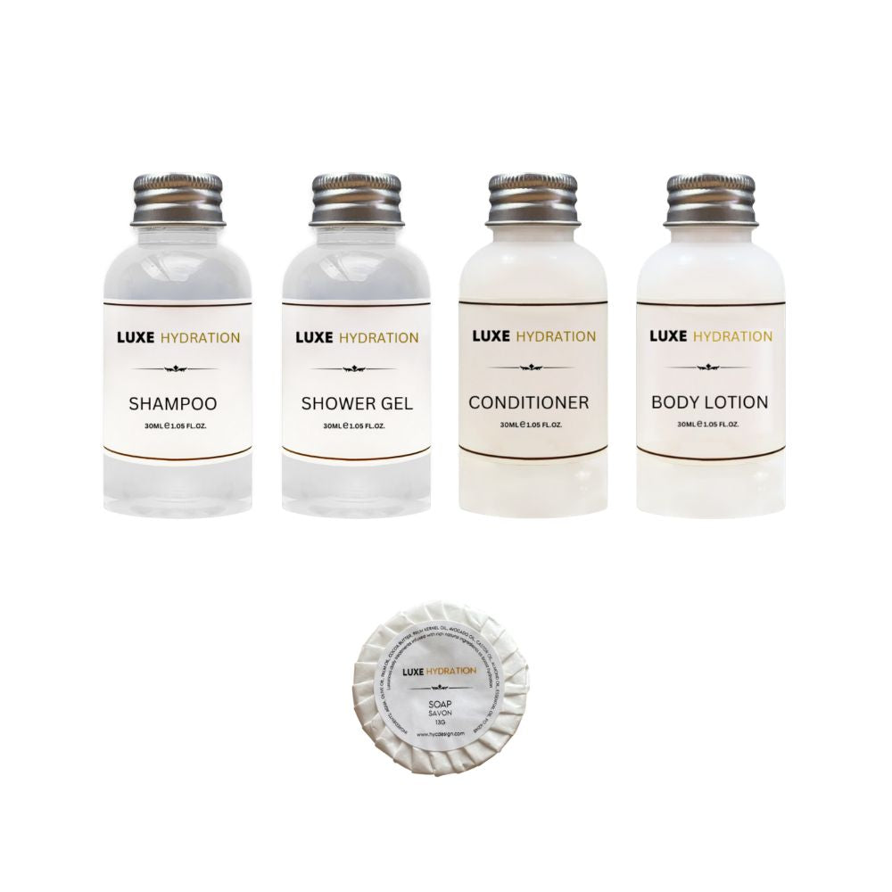 Luxe Hydration hotel amenity set with 30ml shampoo, shower gel, conditioner, body lotion and 13g soap for hotels and resorts.