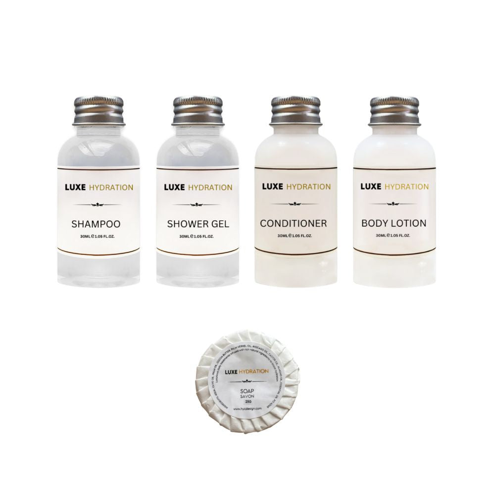 Luxe Hydration hotel amenity set with 30ml shampoo, shower gel, conditioner, body lotion and 25g soap for hotels and resorts.