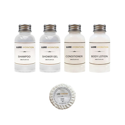 Luxe Hydration hotel amenity set with 30ml shampoo, shower gel, conditioner, body lotion and 25g soap for hotels and resorts.