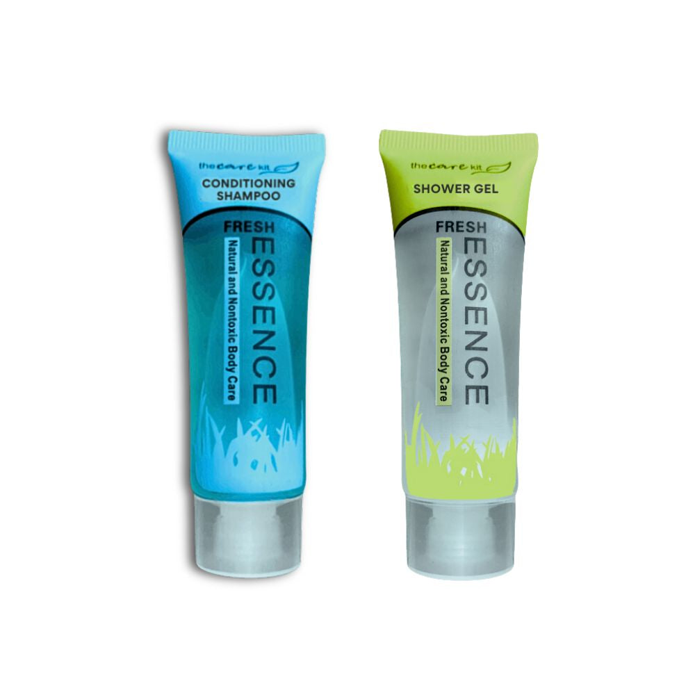 Fresh Essence hotel amenity duo with conditioning shampoo and shower gel tubes for hotels, motels, resorts and guest accommodations.