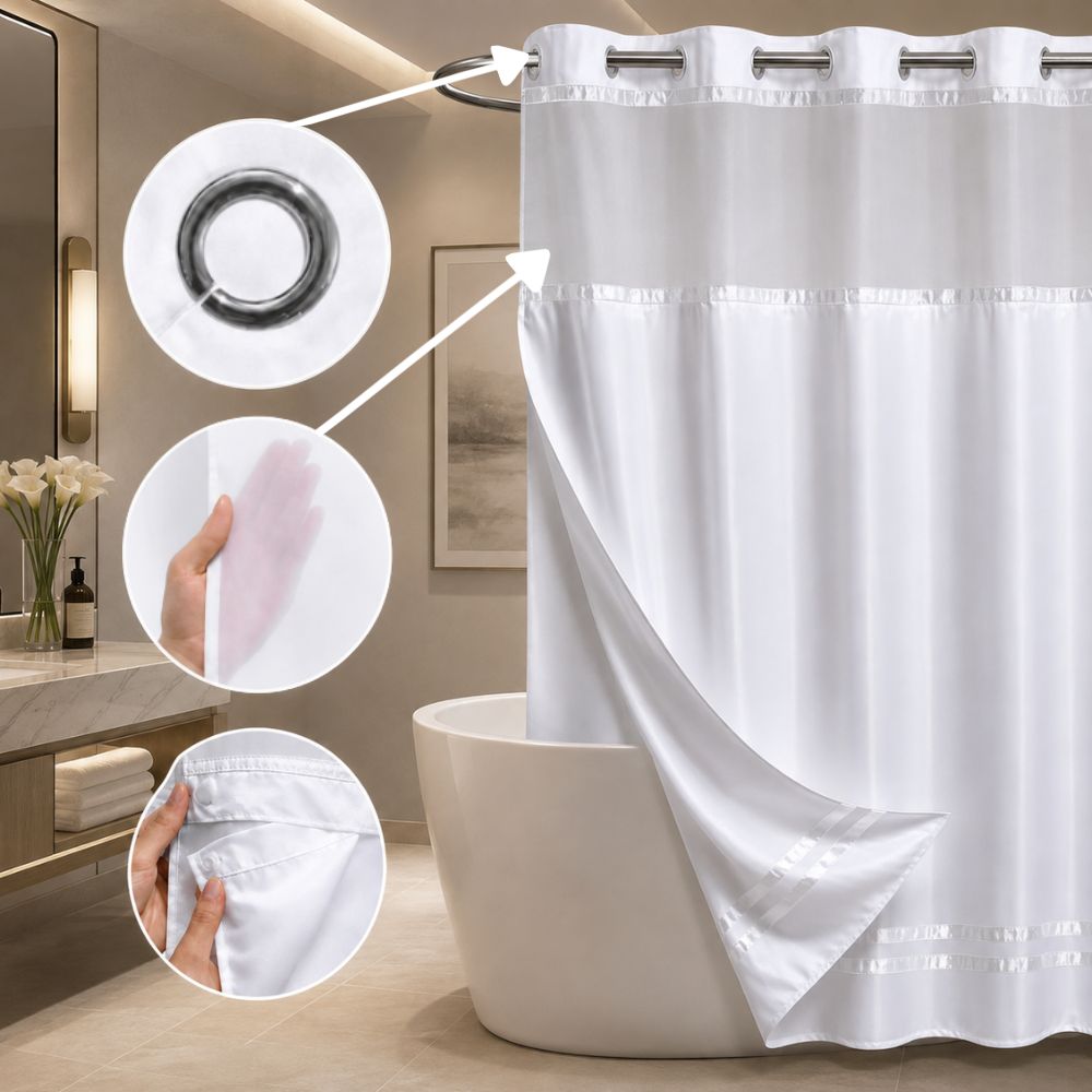 White hookless hotel shower curtain with sheer window, chrome grommets and removable liner for hotels, resorts, motels and inns.