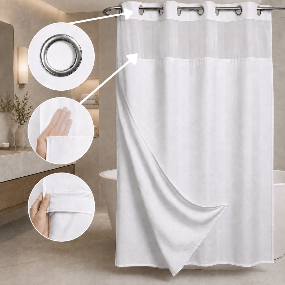 White hookless hotel shower curtain with sheer window, chrome grommets and removable liner for hotels, motels, resorts and guest bathrooms.