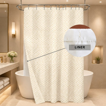 Beige patterned shower curtain hanging in a modern spa-style bathroom, adding a soft, elegant and cozy touch to the space.