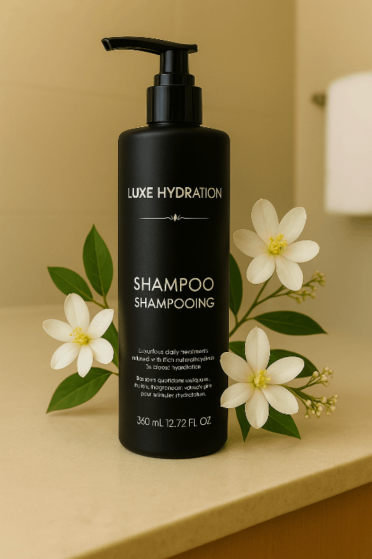360ml Luxe Hydration shampoo for hotel and Airbnb use. Premium guest hair care amenity for hospitality and bulk supply orders.

