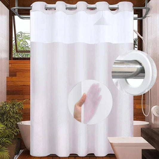 Commercial-grade waffle weave shower curtain with built-in rings and viewing window for hotel and resort use