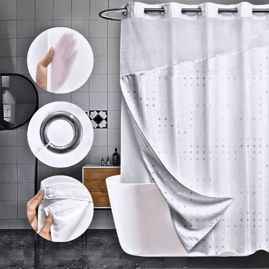 Durable waffle fabric shower curtain with chrome grommets, translucent window, and snap-on liner for easy replacement