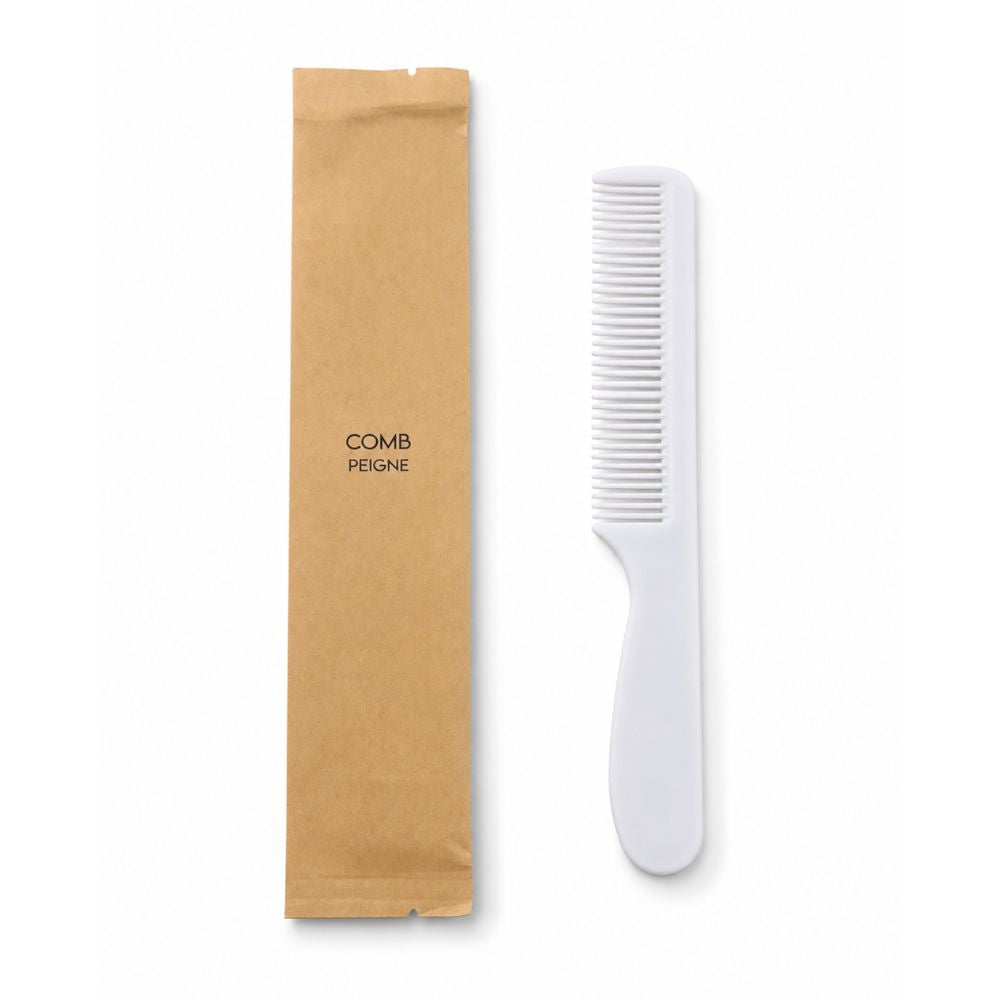 Individually wrapped white handled comb in a kraft sleeve, ideal for hotels, motels, resorts, spas and guest amenity programs.