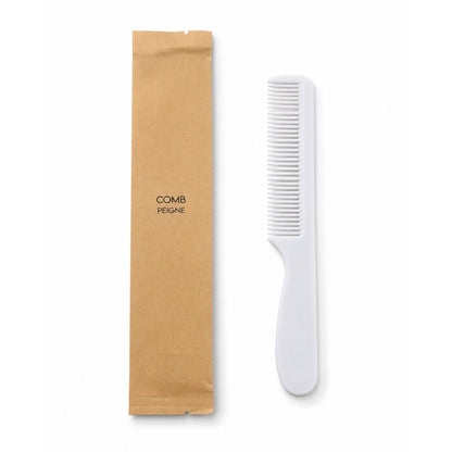 Individually wrapped white handled comb in a kraft sleeve, ideal for hotels, motels, resorts, spas and guest amenity programs.