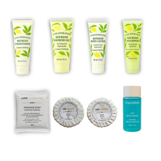 800-piece lemon verbena amenity set with 100 of each item, ideal for luxury hotels, boutique rentals, and executive stays