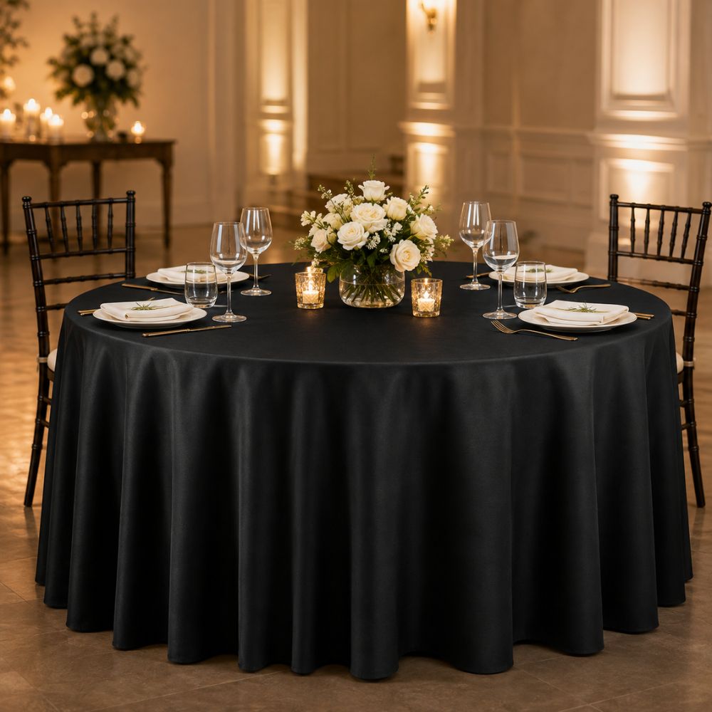 Black round banquet tablecloth for hotels, restaurants, weddings and event venues, shown on a professionally styled dining table.