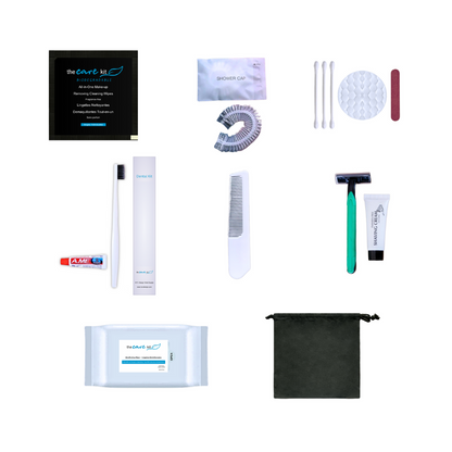 Complete personal care amenity set with 800 pieces, includes 100 each of makeup wipes, dental kits, combs, and more