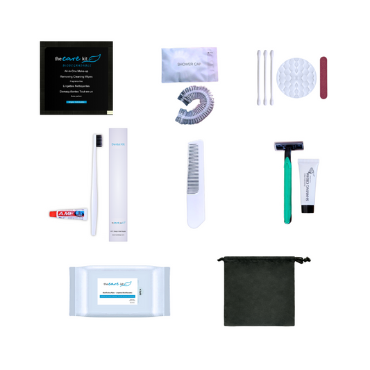 Complete personal care amenity set with 800 pieces, includes 100 each of makeup wipes, dental kits, combs, and more