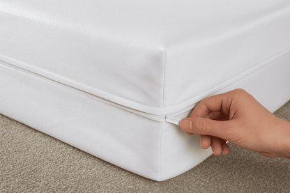 Commercial-grade box spring cover with secure zipper closure for hospitality and long-term bedding maintenance