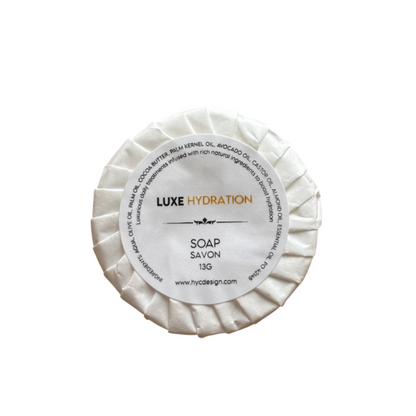 Luxe Hydration Soap 13g wrapped, ideal for hotels, spas, or Airbnb guest bathroom essentials.