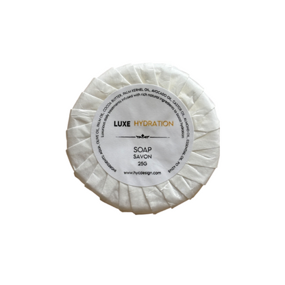 25g Luxe Hydration Soap, individually wrapped and ideal for guests bathrooms or Airbnb hosting. 