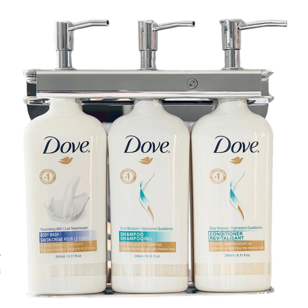 Stainless steel amenities holder for hotel and Airbnb bathrooms, designed to organize guest toiletries with locking system 