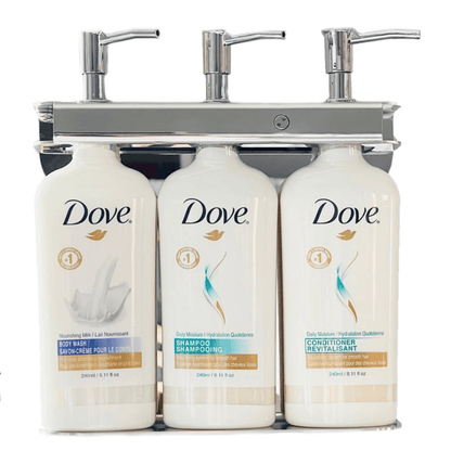 Stainless steel amenities holder for hotel and Airbnb bathrooms, designed to organize guest toiletries with locking system 
