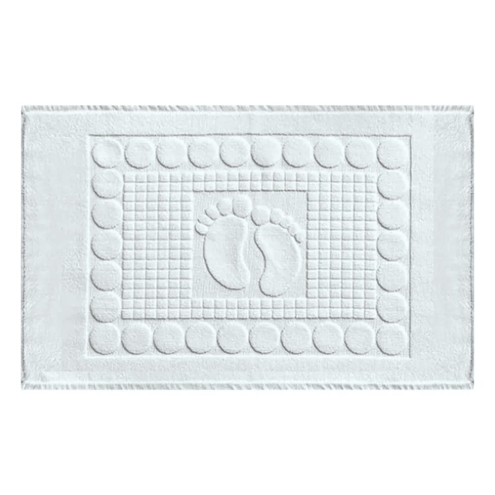 White cotton bath mat with embossed foot design, perfect for hotel bathrooms, luxury hospitality supplies at wholesale prices for bulk orders.