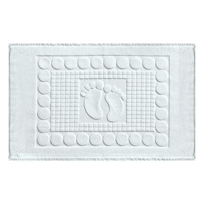 White cotton bath mat with embossed foot design, perfect for hotel bathrooms, luxury hospitality supplies at wholesale prices for bulk orders.