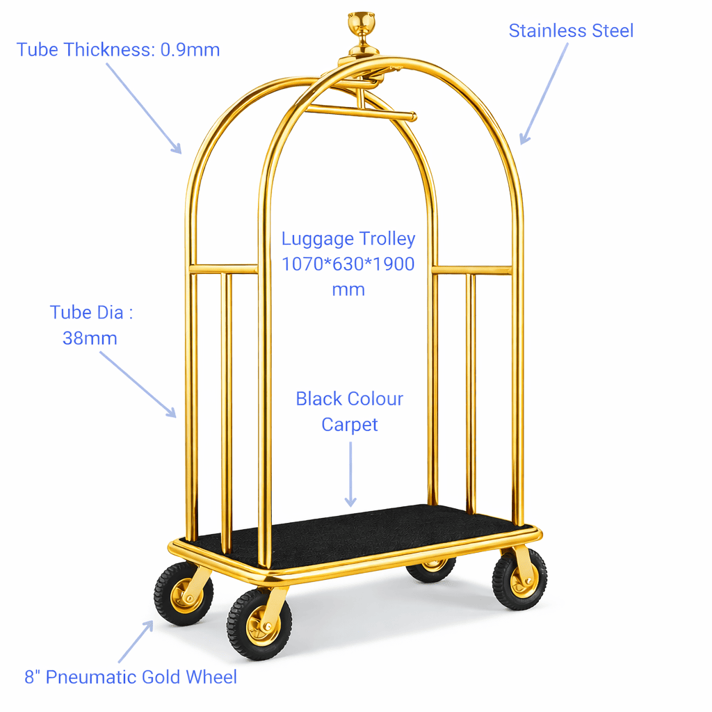 Heavy-duty hotel luggage cart designed for easy and efficient luggage transport in hotel lobbies and guest accommodation.