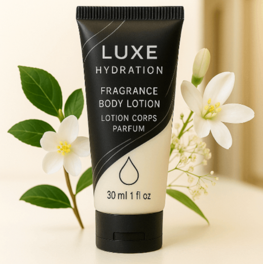 30ml hotel body lotion with white tea and bergamot scent. Ideal for luxury Airbnb, inns, and guest care amenity sets.