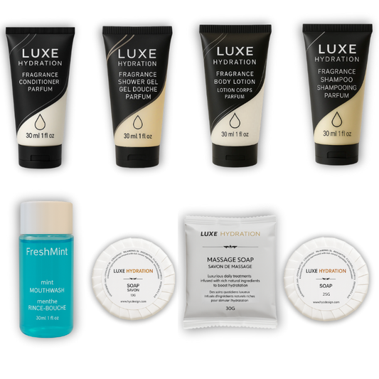 Luxe Hydration amenity set with 800 pieces with elegant scent of bergamot, jasmine, and white tea, perfect for hotel and Airbnb amenities