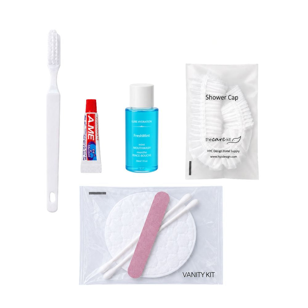 Hotel guest amenity set with toothbrush, toothpaste, mouthwash, shower cap and vanity kit for hotels, motels, resorts and accommodations.