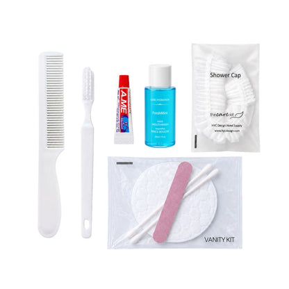 Hotel guest amenity kit with comb, toothbrush, toothpaste, mouthwash, shower cap and vanity kit for hotels, motels and resorts.