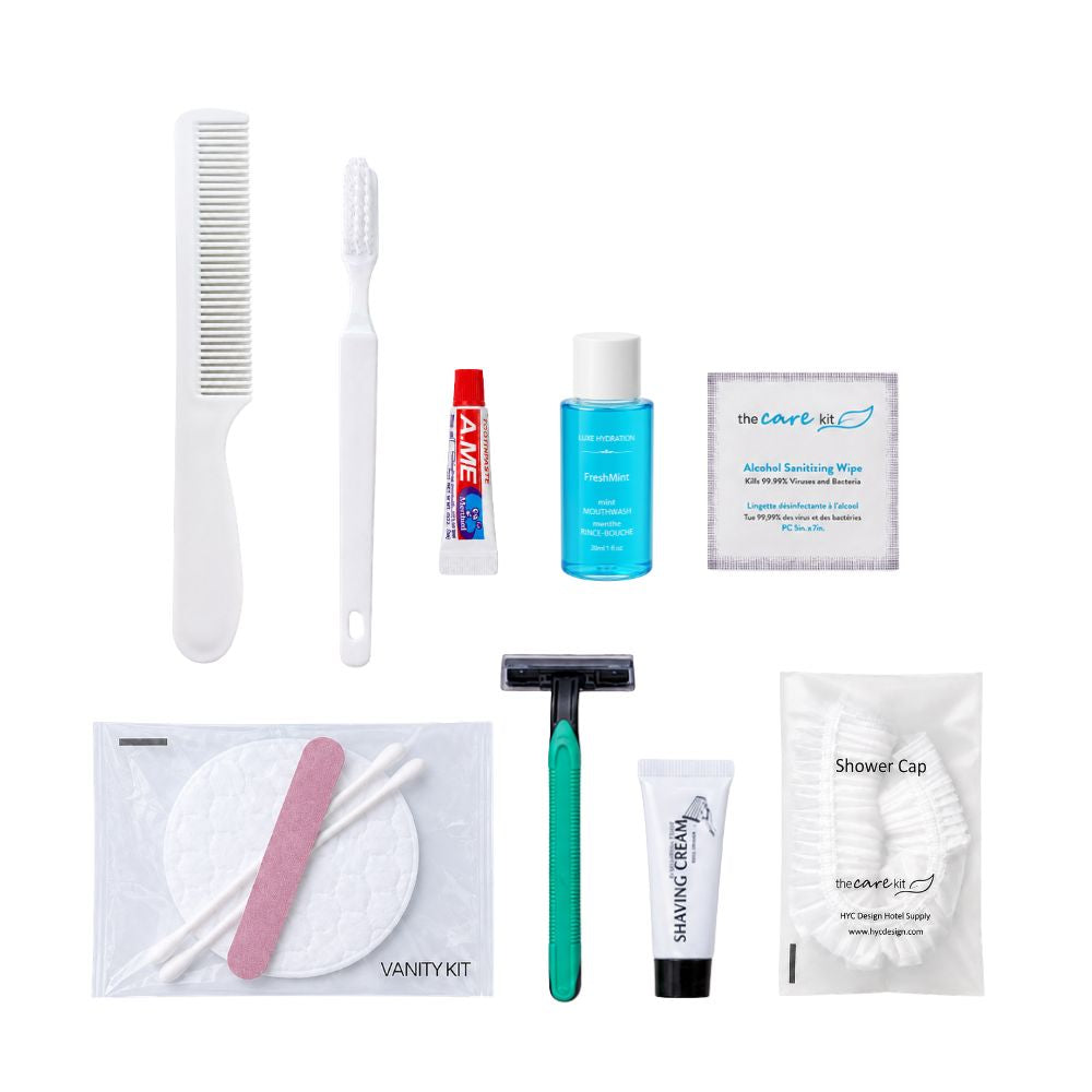 Hotel guest hygiene amenity set with comb, toothbrush, toothpaste, mouthwash, sanitizing wipe, shaving kit, vanity kit and shower cap.