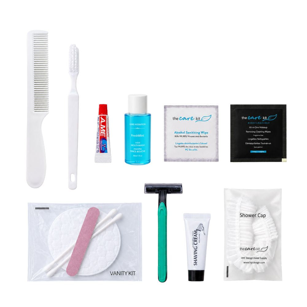Complete hospitality amenity collection with dental care, mouthwash, comb, sanitizing wipes, shaving kit, vanity kit and shower cap.