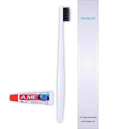 Hotel dental kit with toothbrush and toothpaste, hygienically sealed and ideal for guest bathrooms in Airbnb, inns, and resorts