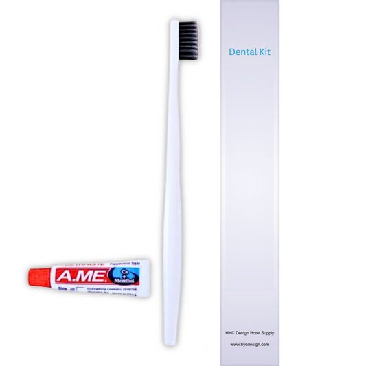 Hotel dental kit with toothbrush and toothpaste, hygienically sealed and ideal for guest bathrooms in Airbnb, inns, and resorts