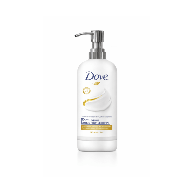 Dove Pro Daily Moisture body lotion 240 mL bottle, rich hydration available in bulk for hotel room dispensers and spa amenities.