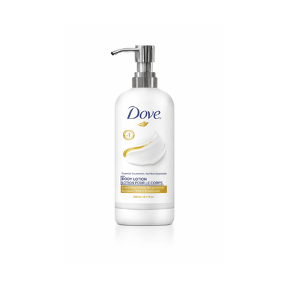 Dove Pro Daily Moisture body lotion 240 mL bottle, rich hydration available in bulk for hotel room dispensers and spa amenities.