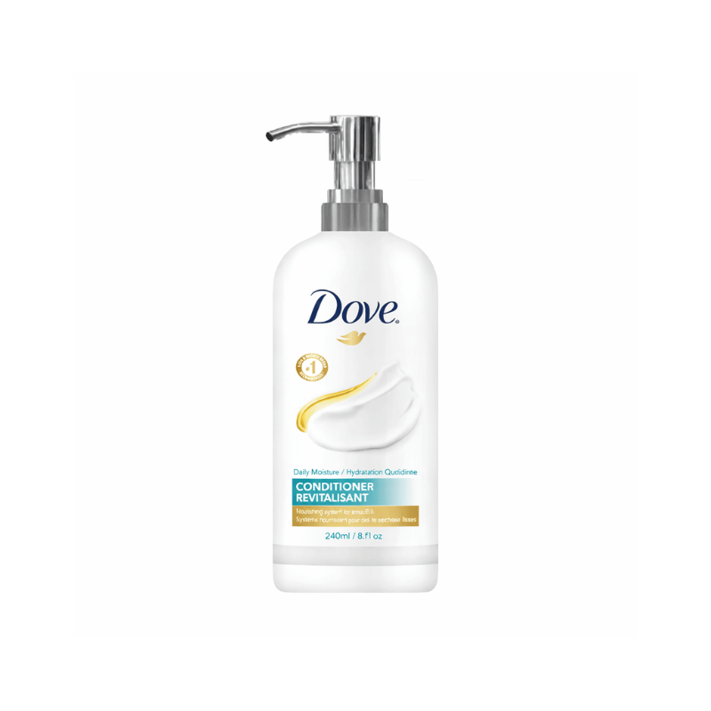 240 ml Dove Daily Moisture conditioner with pump, travel-sized bulk for guestroom hair care in hotels and motels.