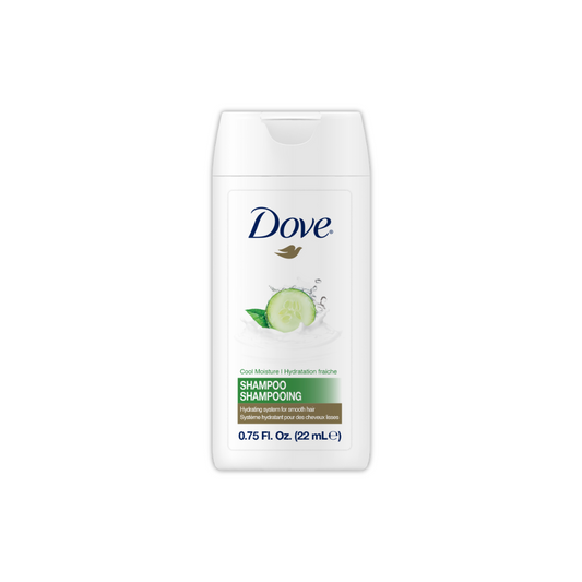 Dove Pro Cucumber Cool Moisture Mini Shampoo 22 mL, hydrating hotel amenity with refreshing scent, ideal for hospitality or travel use.