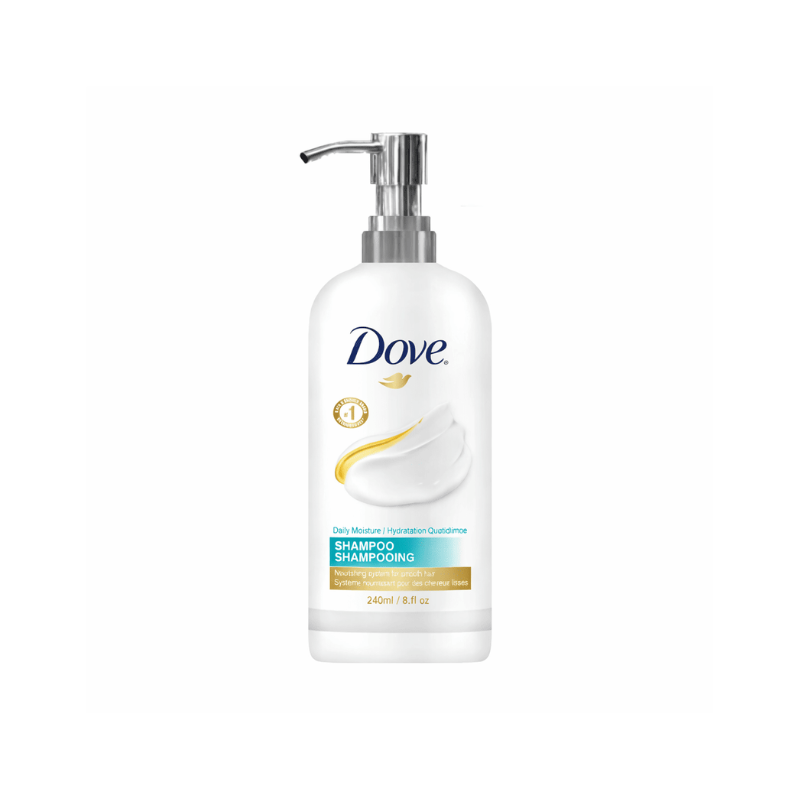240 mL Dove Daily Moisture shampoo with pump, travel-sized bulk for guestroom hair care in hotels and motels.
