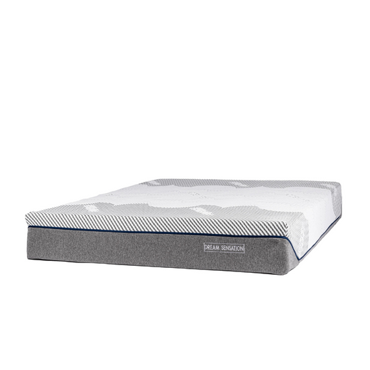 Mattress with a sleek grey base and striped top layer, designed for premium guest comfort, offered by Canadian Hotel Supplies.