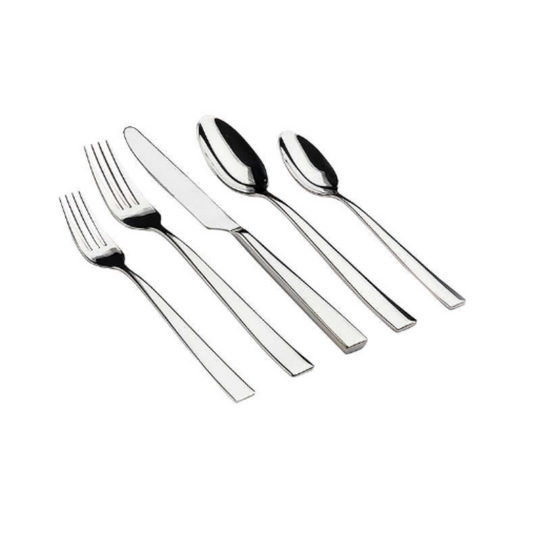 Gourmet flatware cutlery set featuring modern stainless steel forks, knives, and spoons, ideal for upscale hotel dining and hospitality service.