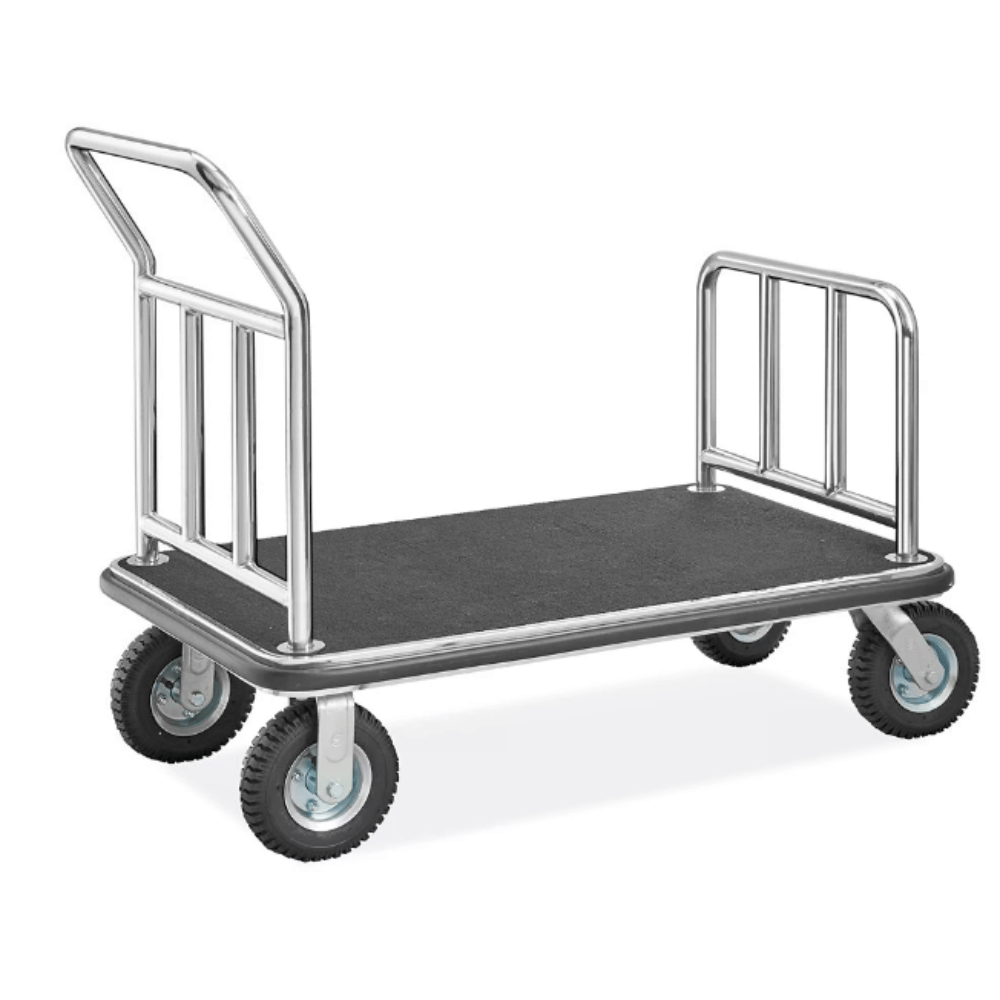 Heavy duty hotel luggage cart with steel frame and rubber wheels, ideal for transporting guest bags in hotels, resorts, and commercial buildings.