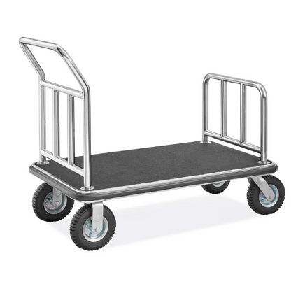 Heavy duty hotel luggage cart with steel frame and rubber wheels, ideal for transporting guest bags in hotels, resorts, and commercial buildings.