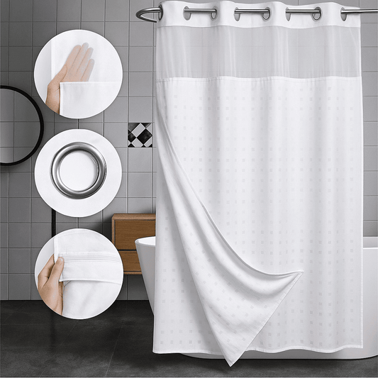 Commercial hookless shower curtain with built-in rings and lattice texture, ideal for hotels, motels, and healthcare facilities