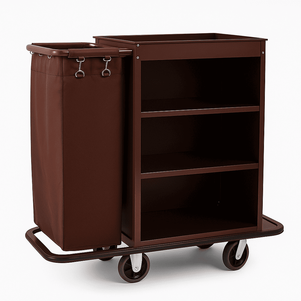 Hotel Housekeeping Cart – Brown Utility Trolley with Shelves & Laundry Bag | Durable Cleaning Cart